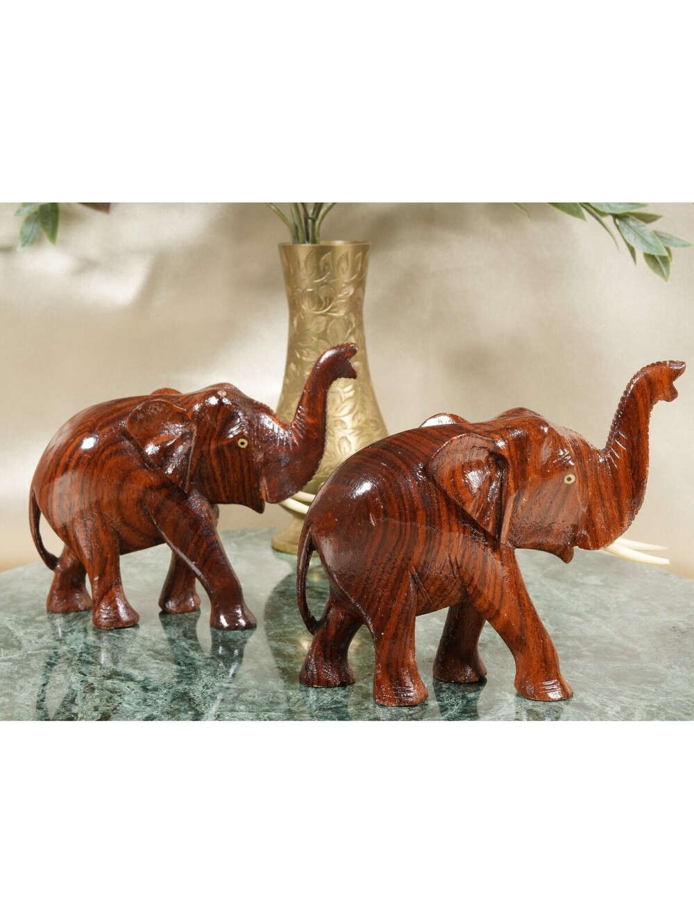 Hand Carved Wood Elephant Pair Trunk Up Artisan Decor Good Luck Feng Shui 4.5